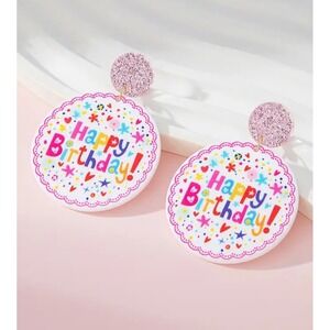 Happy Birthday Dangle Earrings Pink Glitter Stud Acrylic Party Jewelry Multi